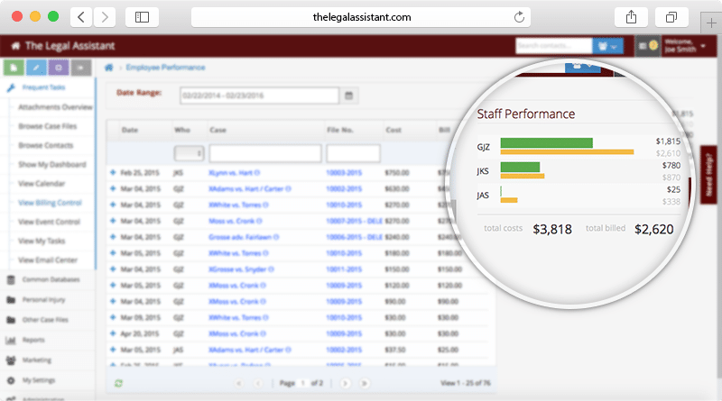 Screenshot of The Legal Assistant software showing Billing Management for paralegals